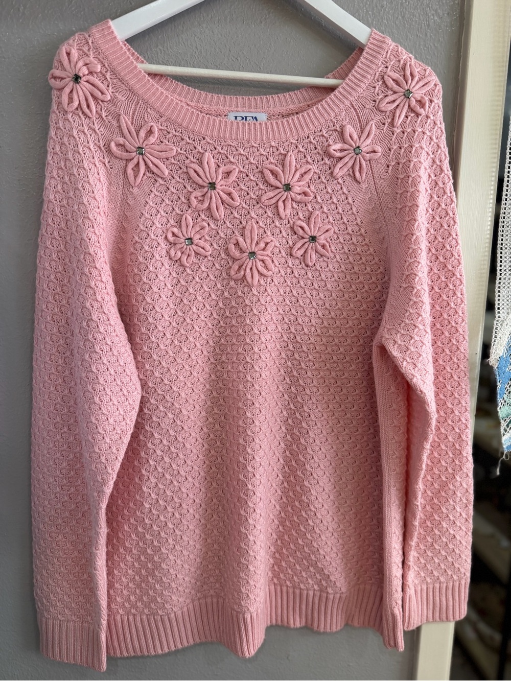 Women's Pink Floral Appliqué Crewneck Sweater